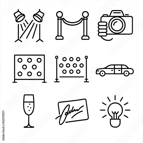 Premiere Night Icons. Line style icons of Premiere Night: spotlight beams, velvet rope, paparazzi camera, step and repeat wall,