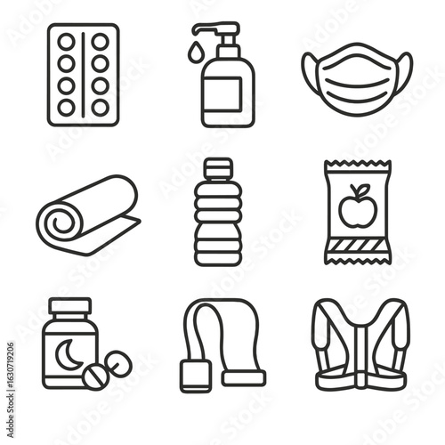 Health Travel Essentials. Line style icons of Health & Wellness Travel: vitamin pack, hand sanitizer, face mask, travel yoga mat,
