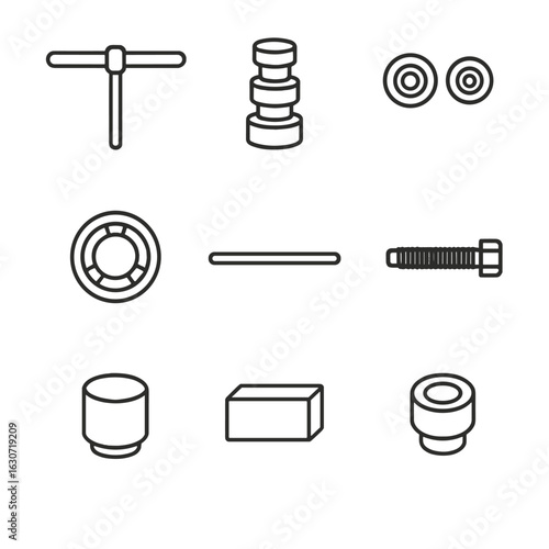 Bearing Tool Icons. Line style icons of Bearing Press Tools: headset press handle, bottom bracket drifts, pivot bearing drifts,