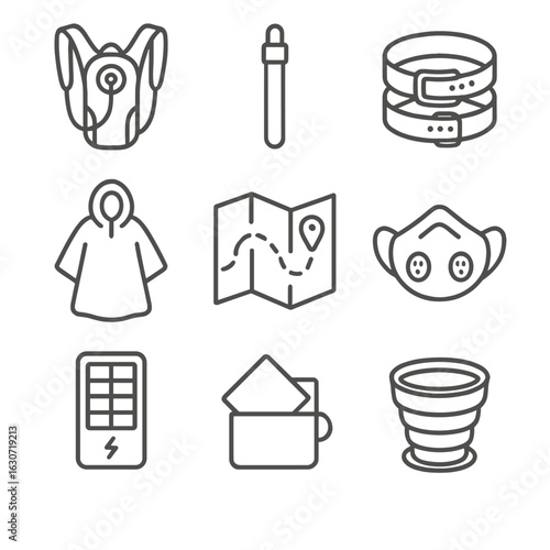 Festival Travel Essentials Icons. Line style icons of Festival Travel Gear: hydration pack, glow stick, wristband holder, rain