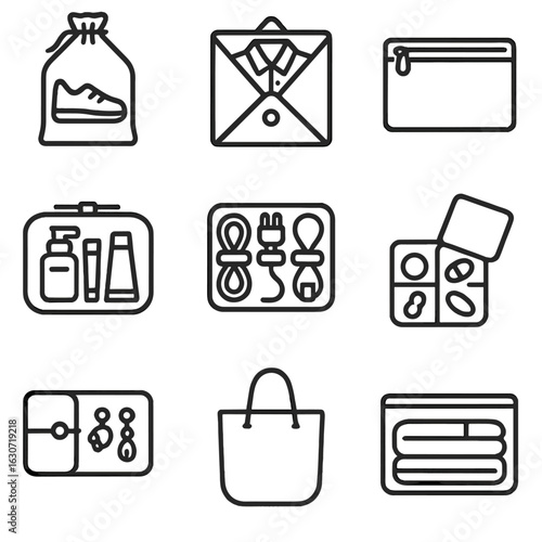 Packing Essentials Icons. Line style icons of Packing Organization: shoe bag, garment folder, zip pouch, toiletry kit, cord