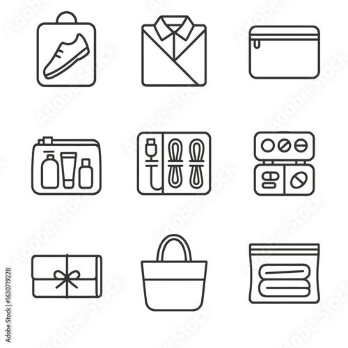 Packing Essentials Icons. Line style icons of Packing Organization: shoe bag, garment folder, zip pouch, toiletry kit, cord