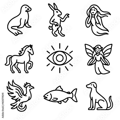 Celtic Mythical Icons. Line style icons of Celtic Mythical Creatures: selkie, púca, banshee, kelpie horse, balor eye, sidhe fairy,
