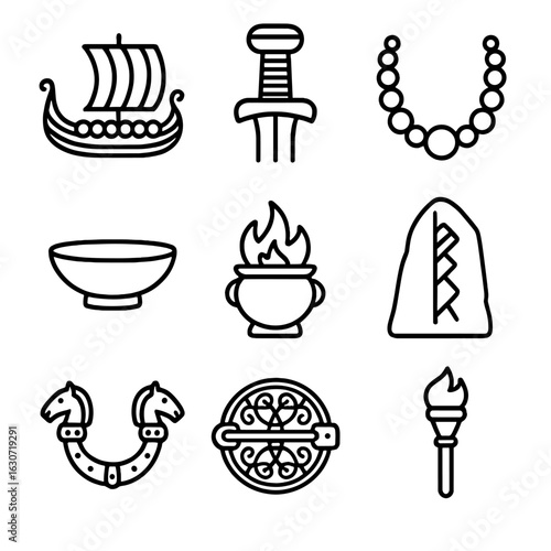 Viking Burial Artifacts Icons. Line style icons of Viking Burial Artifacts: ship grave outline, sword hilt, bead necklace, bronze