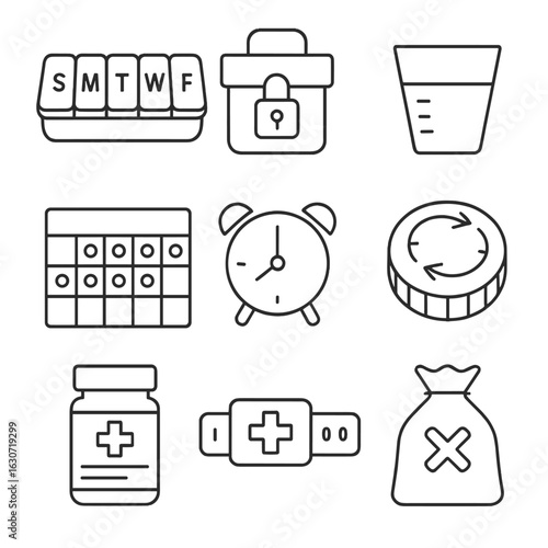 Medication Organization Icons. Line style icons of Medication Organization: pill box, medicine lock box, dosage cup, schedule