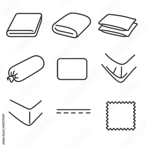 Sheet Set Icons. Line vector icons of Sheet Set Components: flat sheet, fitted sheet, pillowcase pair, bolster case, top sheet