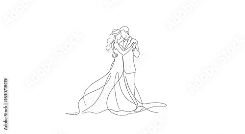 Elegant couple dancing at wedding in minimalist line art style  
