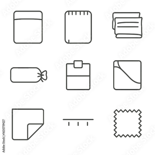 Sheet Set Icons. Line vector icons of Sheet Set Components: flat sheet, fitted sheet, pillowcase pair, bolster case, top sheet