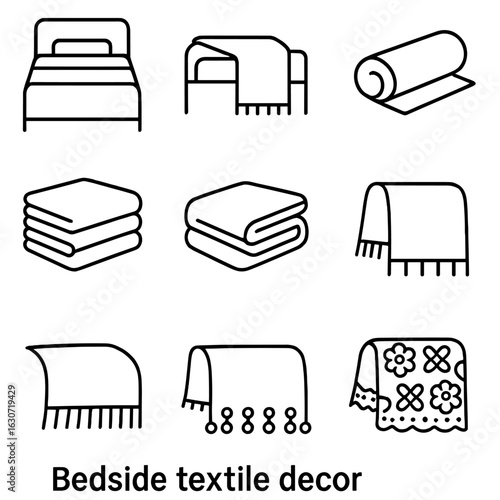 Bedside Textile Icons. Line vector icons of Bedside Textile Decor: bed runner, decorative throw, bolster scarf, layered blanket