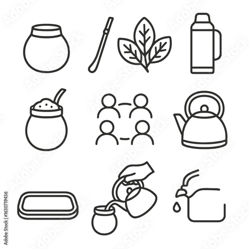 Mate Icons in Line. Line style icons of Mate Drinking Ritual: calabash gourd, metal bombilla, yerba leaves, thermos flask, mate