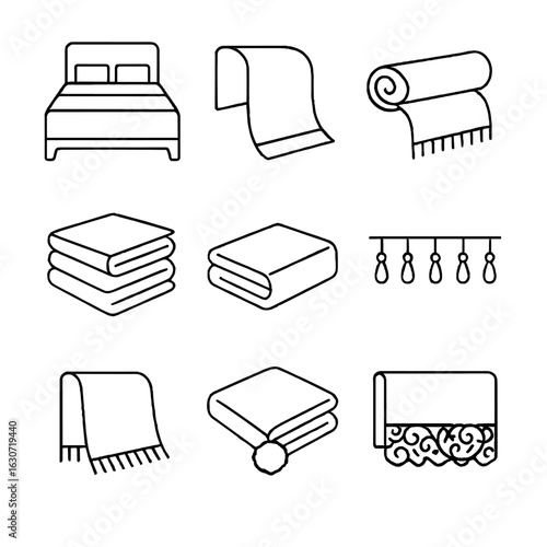 Bedside Textile Icons. Line vector icons of Bedside Textile Decor: bed runner, decorative throw, bolster scarf, layered blanket