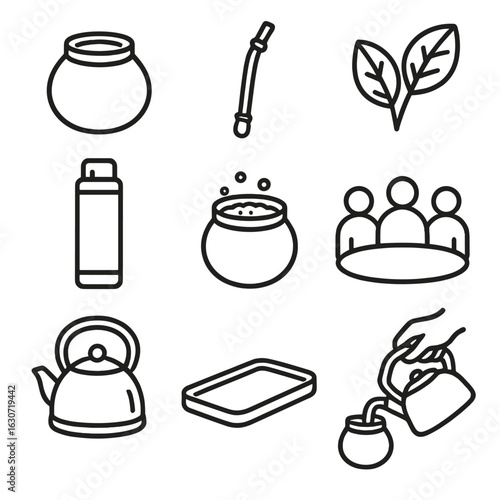 Mate Icons in Line. Line style icons of Mate Drinking Ritual: calabash gourd, metal bombilla, yerba leaves, thermos flask, mate
