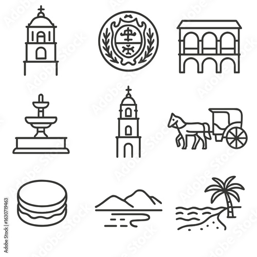 Córdoba Colonial Icons. Line style icons of Córdoba Colonial Sights: Jesuit block tower, university seal, stone cloister, patio