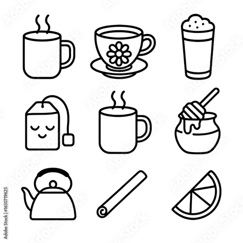 Bedtime Drink Icons. Line style icons of Bedtime Drinks: warm milk mug, chamomile tea cup, turmeric latte glass, sleepy herbal