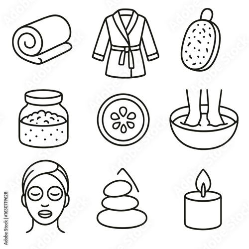 Spa Essentials Icons. Line style icons of Spa Essentials: plush towel roll, cotton bathrobe, exfoliating loofah, mineral bath