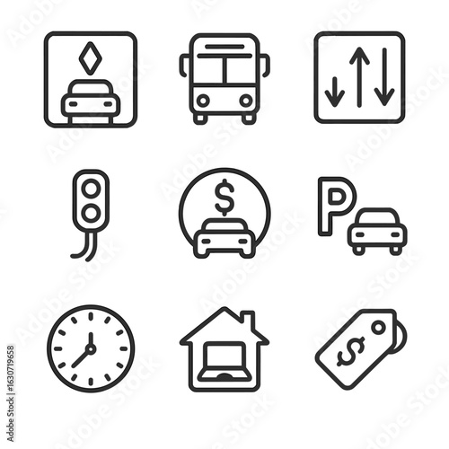 Traffic Solutions Icons. Line style icons of Traffic Congestion Solutions: carpool lane sign, bus rapid lane, reversible lane