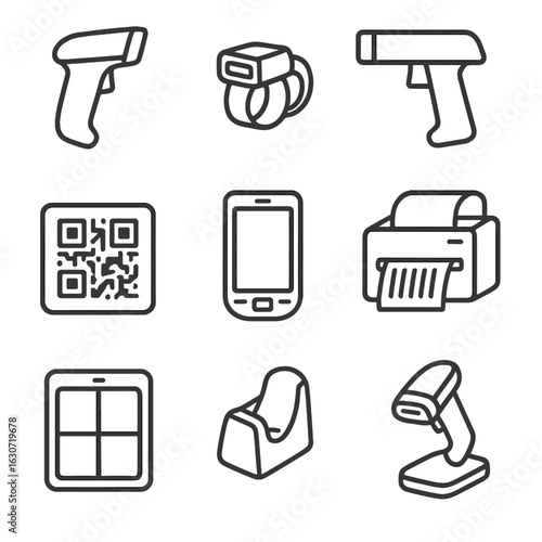Inventory Scanning Icons. Line style icons of Inventory Scanning Tools: handheld barcode scanner, ring scanner, RFID gun, mobile