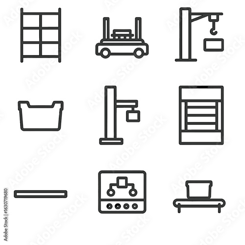 ASRS Components Icons. Line style icons of ASRS Components: storage aisle rack, shuttle carrier, mini-load crane, tote bin,