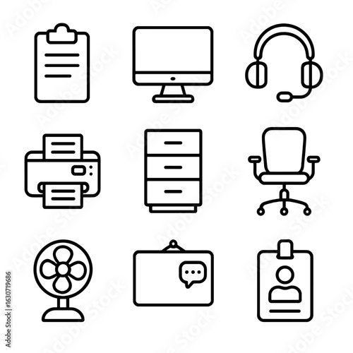 Warehouse Office Icons. Line style icons of Warehouse Office Items: clip board, desktop computer, wireless headset, laser printer,