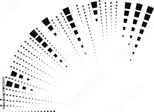 Graphic showing a quarter-circle section filled with irregularly spaced square rays extending outward.