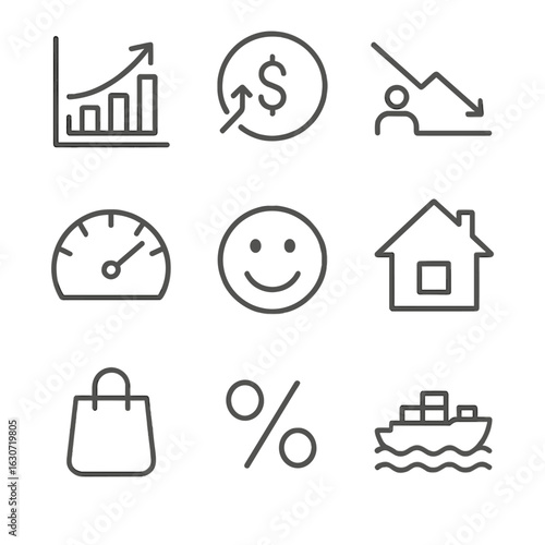 Economic Indicators Icons. Line style icons of Economic Indicators: GDP graph, inflation CPI icon, unemployment line, PMI gauge,