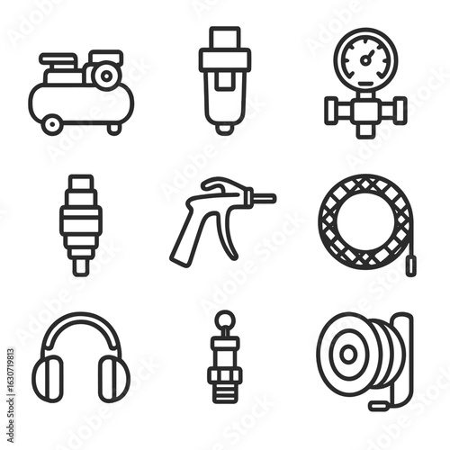 Compressed Air Safety Icons. Line style icons of Compressed Air Safety: air compressor, moisture trap, regulator gauge,