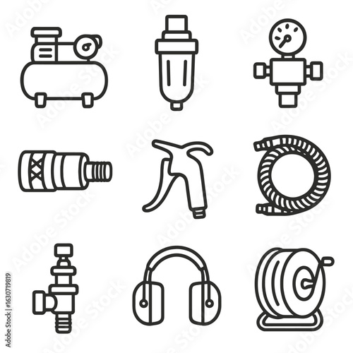 Compressed Air Safety Icons. Line style icons of Compressed Air Safety: air compressor, moisture trap, regulator gauge,