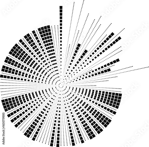One-quarter segment of a circular composition with irregularly spaced square rays.