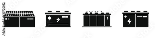 Set of Solar Battery Silhouette Icons – Black Vector Renewable Energy Storage, Solar Power Battery, Green Technology, Isolated Illustration for Sustainable Energy, Eco Power, and Off-Grid Solutions
