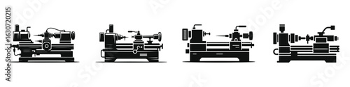 Set of Lathe Machine Silhouette Icons – Black Vector Industrial Equipment, Metalworking Tools, Workshop Machinery, Isolated Illustration for Manufacturing, Engineering, and Factory Concepts