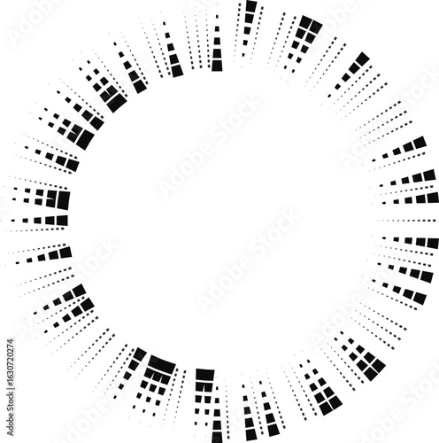 Medium-length square rays extend outward in a circular arrangement from a hollow center point.