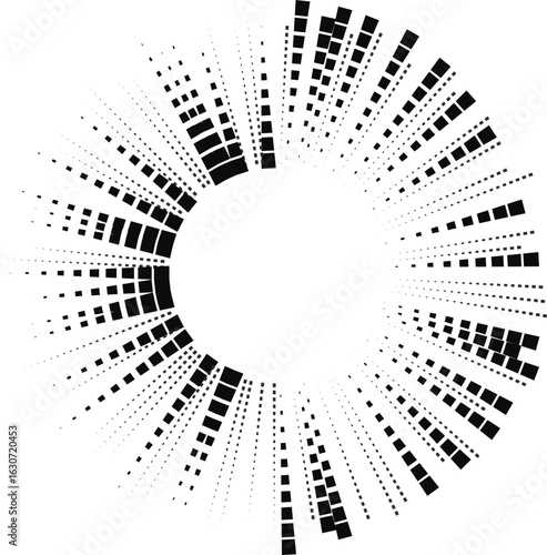 Irregular rays made of squares taper inward and radiate from all sides toward an empty central space.