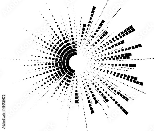 Explosive layout of irregular square rays projecting outward from a circular hollow center.