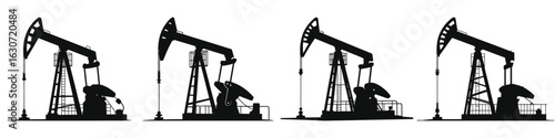 Set of Oil Pump Jack Silhouette Icons – Black Vector Oil Rig, Petroleum Extraction, Industrial Equipment, Isolated Illustration for Energy, Oilfield, Mining, and Fossil Fuel Industry Concepts