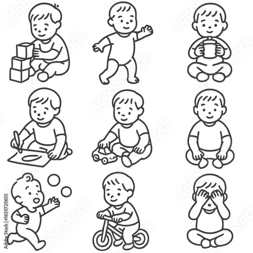 Toddler Activity Icons. Outline style icons of toddler activities: stacking blocks, learning to walk, holding sippy cup, drawing