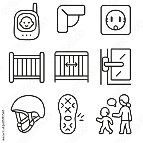 Toddler Safety Icons. Outline style icons of toddler safety: baby monitor, corner protector, outlet cover, safety gate, crib bar