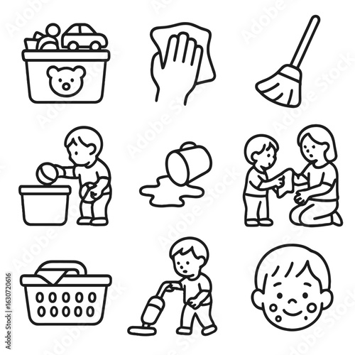 Toddler Cleanup Icons. Outline style icons of toddler cleanup: toy bin, wipe cloth, small broom, putting toys away, spilled cup,