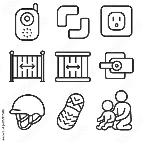 Toddler Safety Icons. Outline style icons of toddler safety: baby monitor, corner protector, outlet cover, safety gate, crib bar