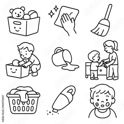 Toddler Cleanup Icons. Outline style icons of toddler cleanup: toy bin, wipe cloth, small broom, putting toys away, spilled cup,