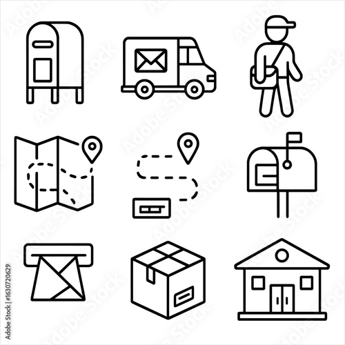 Postal Delivery Icons. Outline style icons of Postal Delivery: mailbox, mail truck, mailman with satchel, delivery route map,
