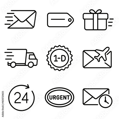Express Mail Icons. Outline style icons of Express Mail: fast-moving envelope, priority mail label, overnight parcel, express