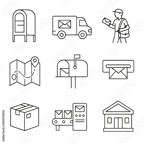 Postal Delivery Icons. Outline style icons of Postal Delivery: mailbox, mail truck, mailman with satchel, delivery route map,