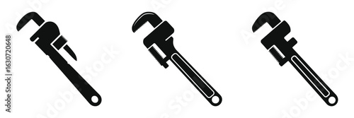 Set of Pipe Wrench Silhouette Icons – Black Vector Plumbing Tool, Adjustable Wrench, Hand Tool Illustration, Isolated for Repair, Maintenance, Construction, and Industrial Equipment Concepts
