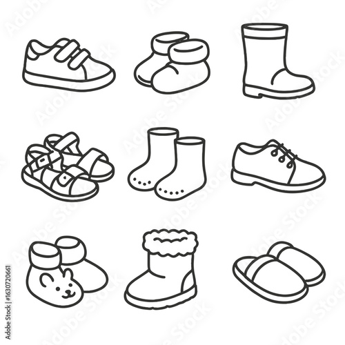 Toddler Shoe Icons. Outline style icons of Toddler Shoes: velcro sneakers, soft booties, rain shoes, baby sandals, non-slip socks,