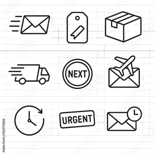 Express Mail Icons. Outline style icons of Express Mail: fast-moving envelope, priority mail label, overnight parcel, express