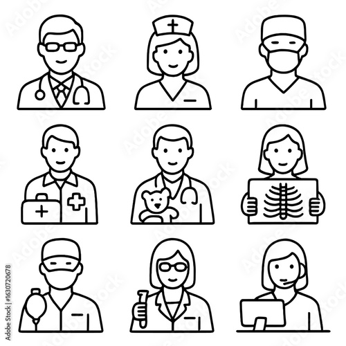 Medical Worker Icons. Outline style icons of Medical Workers: male doctor, female nurse, surgeon with mask, paramedic with bag,