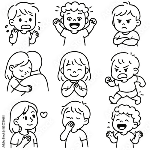 Toddler Emotion Icons. Outline style icons of Toddler Emotions: scared toddler, excited face, jealous expression, comforted child,