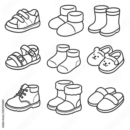 Toddler Shoe Icons. Outline style icons of Toddler Shoes: velcro sneakers, soft booties, rain shoes, baby sandals, non-slip socks,