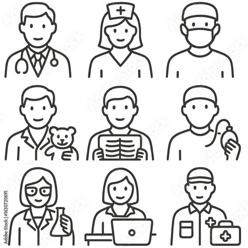 Medical Worker Icons. Outline style icons of Medical Workers: male doctor, female nurse, surgeon with mask, paramedic with bag,