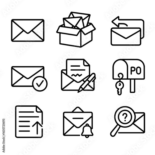 Mail Services Icons. Outline style icons of Mail Services: standard mail, bulk mailing icon, return mail, delivery confirmation,